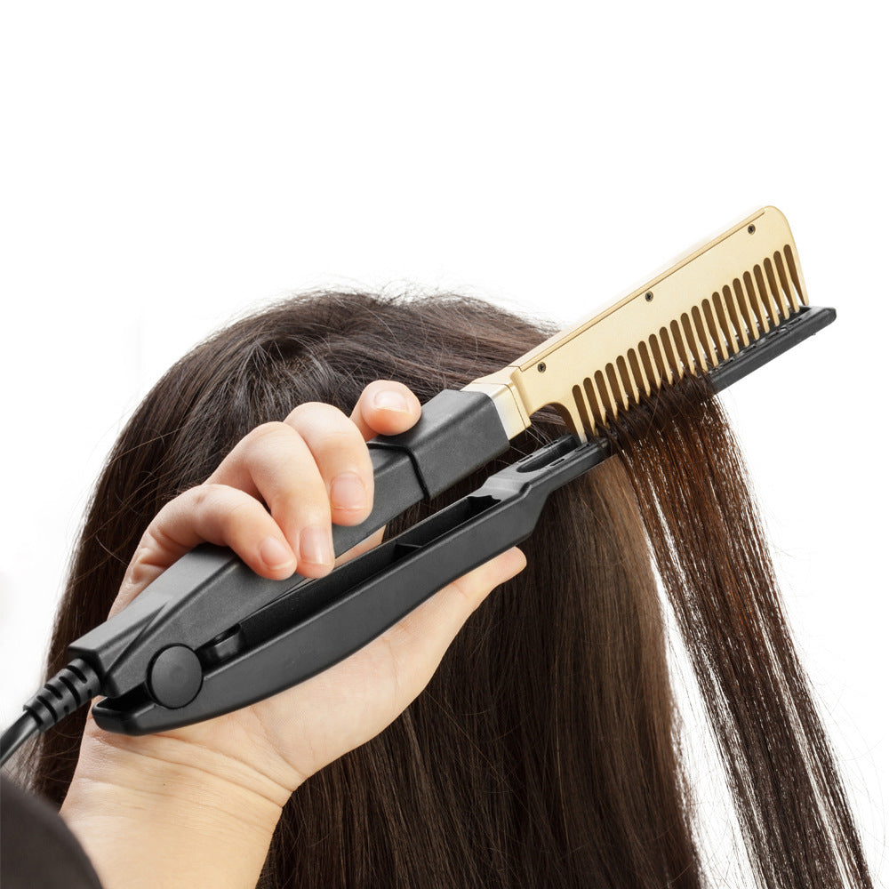 JMT-963018 Portable Wet and Dry Hair Straightening Comb - Brass and Black, Alloy + ABS, Heats Up to 190°C in 3 Minutes