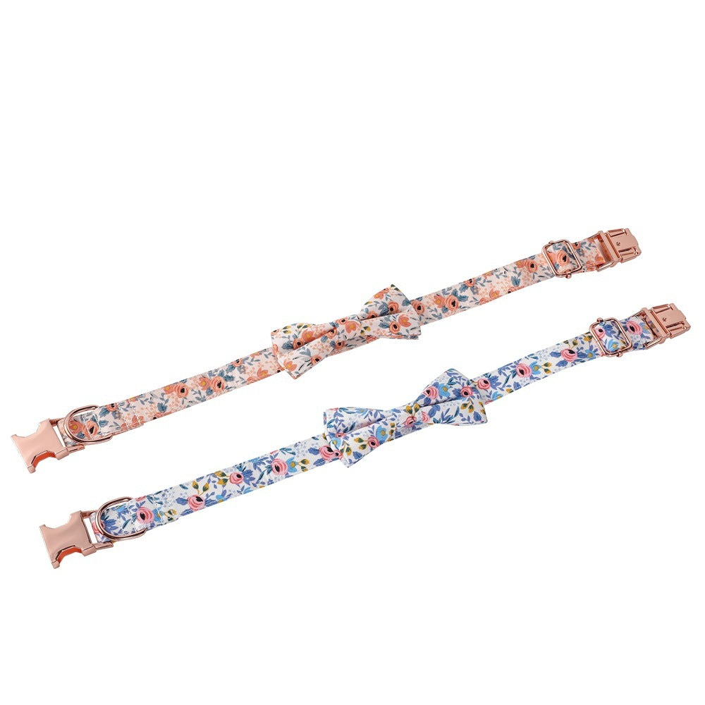 JMT-965834 Floral Cotton Dog Collar with Rose Gold Buckle in Blue and Orange - Multiple Sizes Available