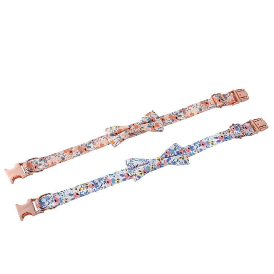 JMT-965834 Floral Cotton Dog Collar with Rose Gold Buckle in Blue and Orange - Multiple Sizes Available