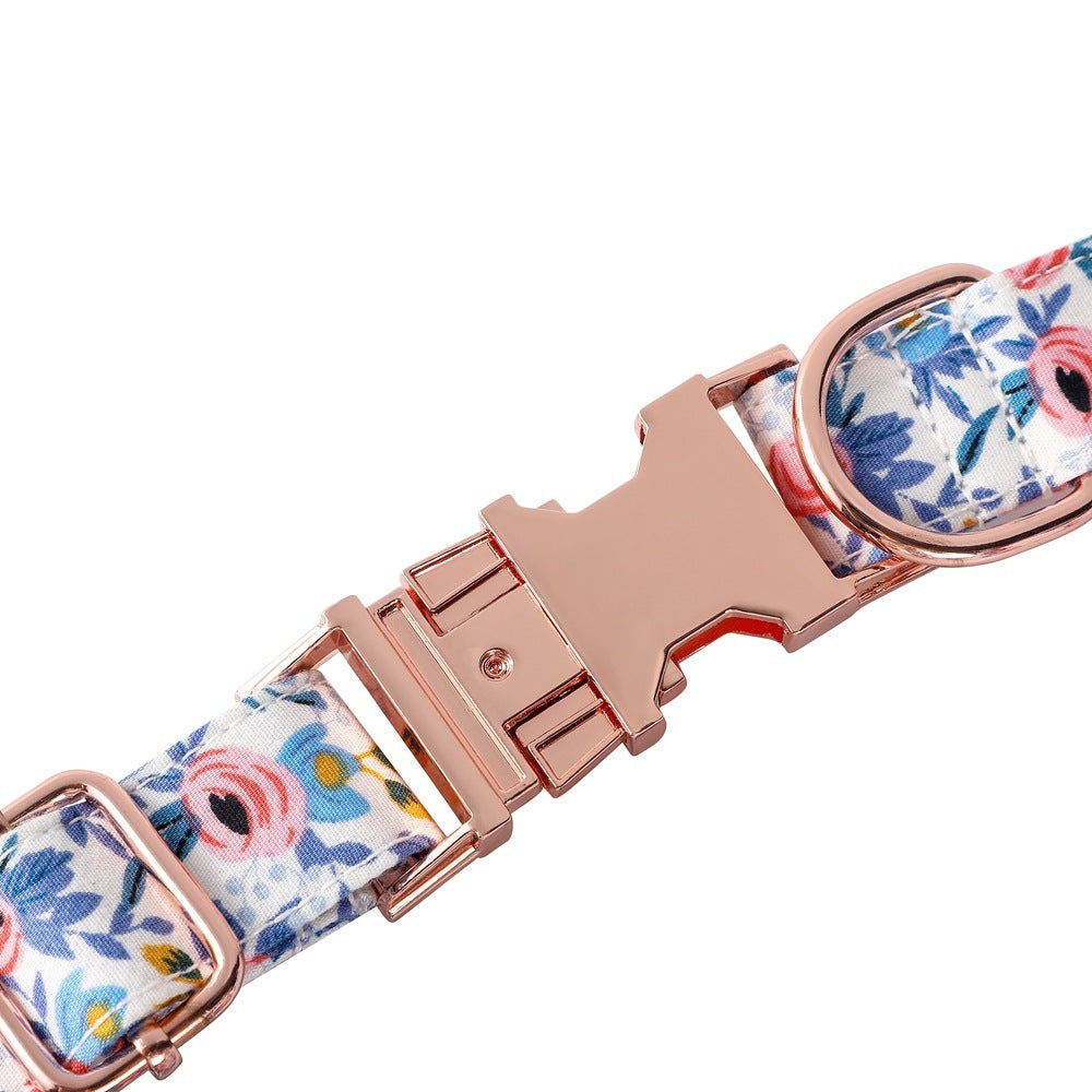 JMT-965834 Floral Cotton Dog Collar with Rose Gold Buckle in Blue and Orange - Multiple Sizes Available