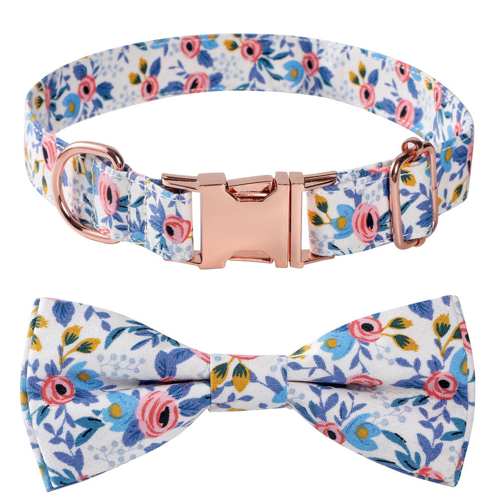 JMT-965834 Floral Cotton Dog Collar with Rose Gold Buckle in Blue and Orange - Multiple Sizes Available