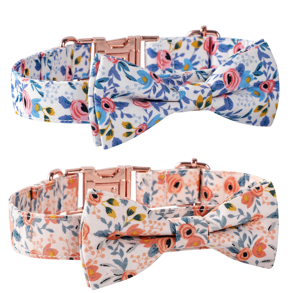 JMT-965834 Floral Cotton Dog Collar with Rose Gold Buckle in Blue and Orange - Multiple Sizes Available
