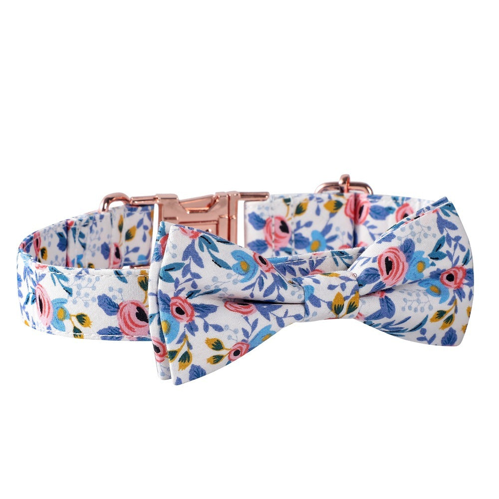 JMT-965834 Floral Cotton Dog Collar with Rose Gold Buckle in Blue and Orange - Multiple Sizes Available