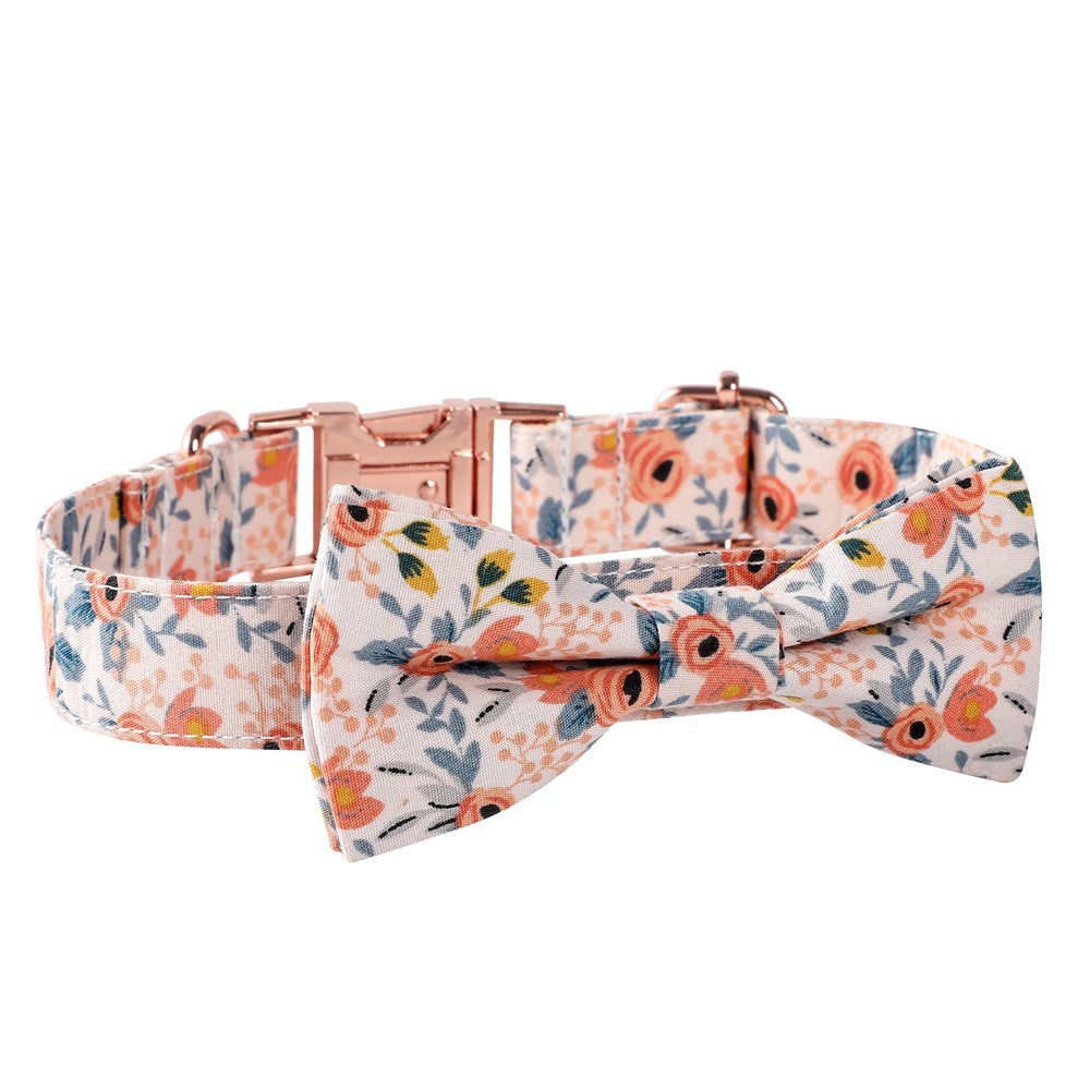 JMT-965834 Floral Cotton Dog Collar with Rose Gold Buckle in Blue and Orange - Multiple Sizes Available