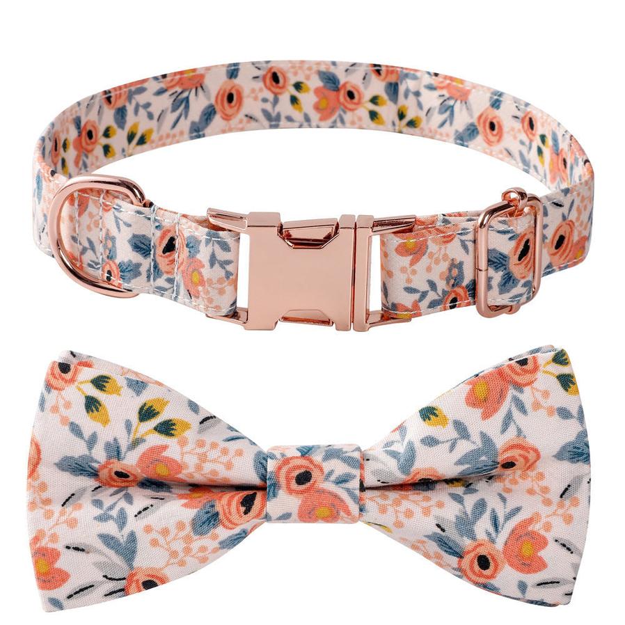 JMT-965834 Floral Cotton Dog Collar with Rose Gold Buckle in Blue and Orange - Multiple Sizes Available
