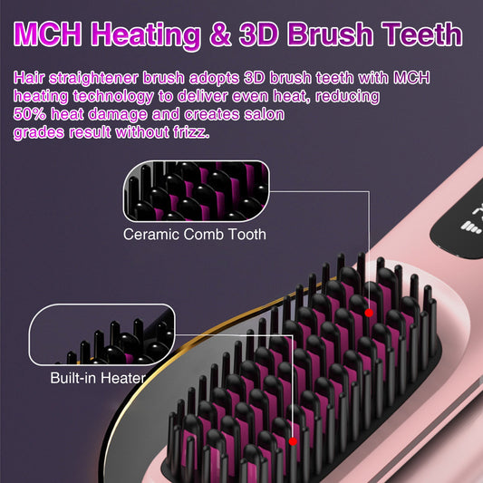 JMT-966154 Portable Cordless Hair Straightening Brush with LED Display, USB Rechargeable, Lightweight Mini Design, Advanced Ionic Technology, Scald Protection