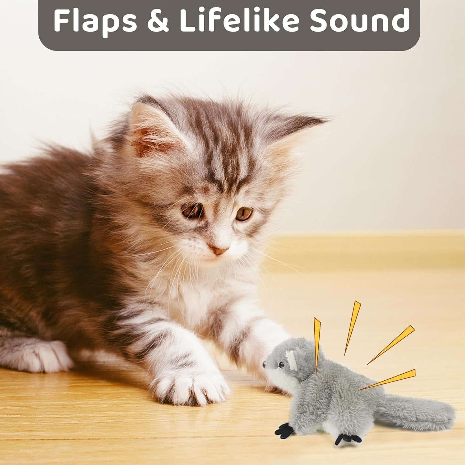 JMT-966474 Interactive Flapping Squirrel Cat Toy with Rechargeable USB, Touch Activated Plush Kicker for Indoor Play