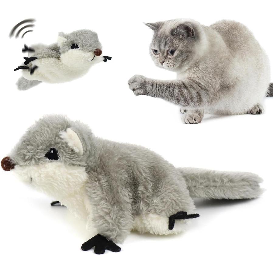 JMT-966474 Interactive Flapping Squirrel Cat Toy with Rechargeable USB, Touch Activated Plush Kicker for Indoor Play