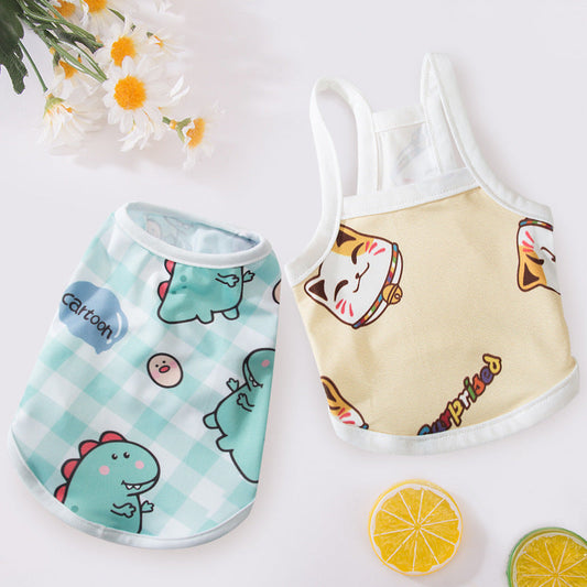 JMT-967946 Cute Dinosaur and Cat Print Vest for Small Pets - Jersey Fabric Suitable for Dogs and Cats