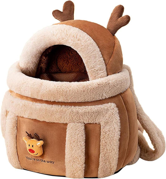 JMT-968970 Pet Carrier Backpack for Dogs - Winter Travel Bag with Plush Reindeer Design and Hand Warmers