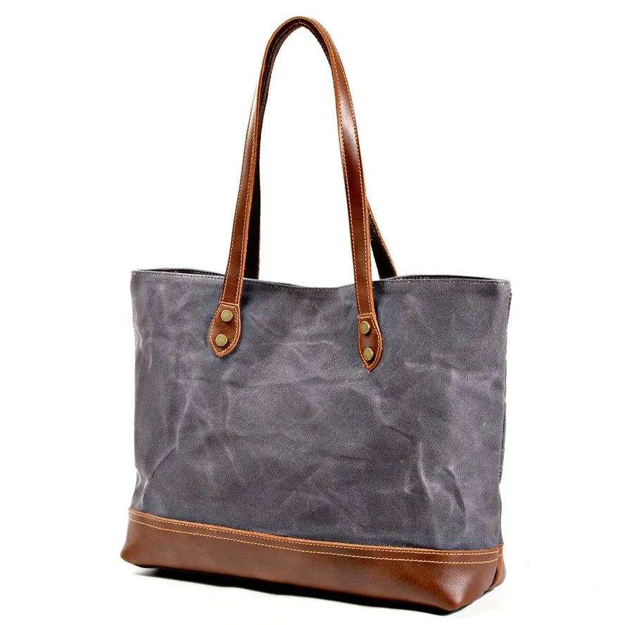 JMT-970314 Solid Colour Canvas and Genuine Leather Tote Bag for Women - 5 Stylish Options Available