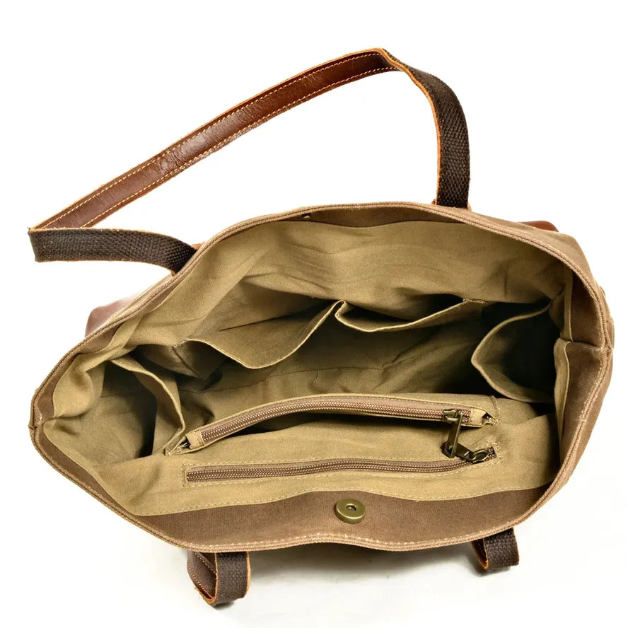 JMT-970314 Solid Colour Canvas and Genuine Leather Tote Bag for Women - 5 Stylish Options Available