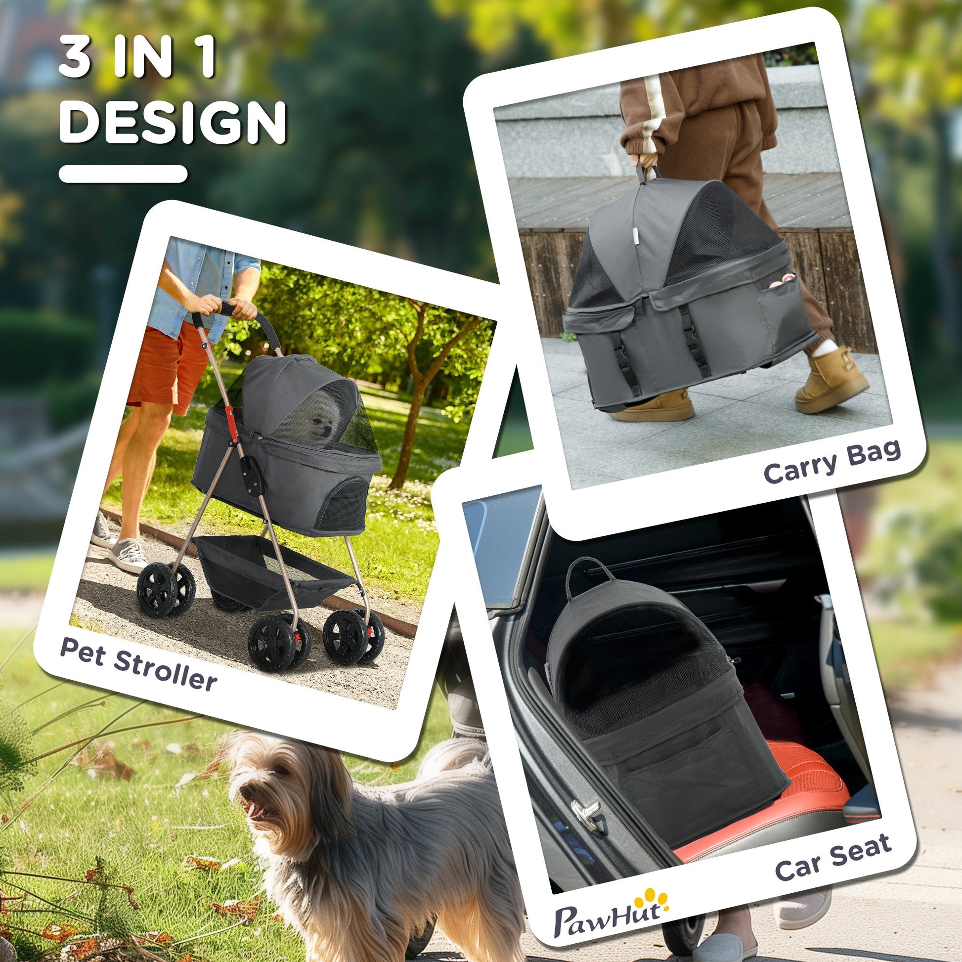 JMT-970634 3-in-1 Folding Pet Stroller with Detachable Carrier for Mini Dogs, Storage Basket and Cupholder, Gray