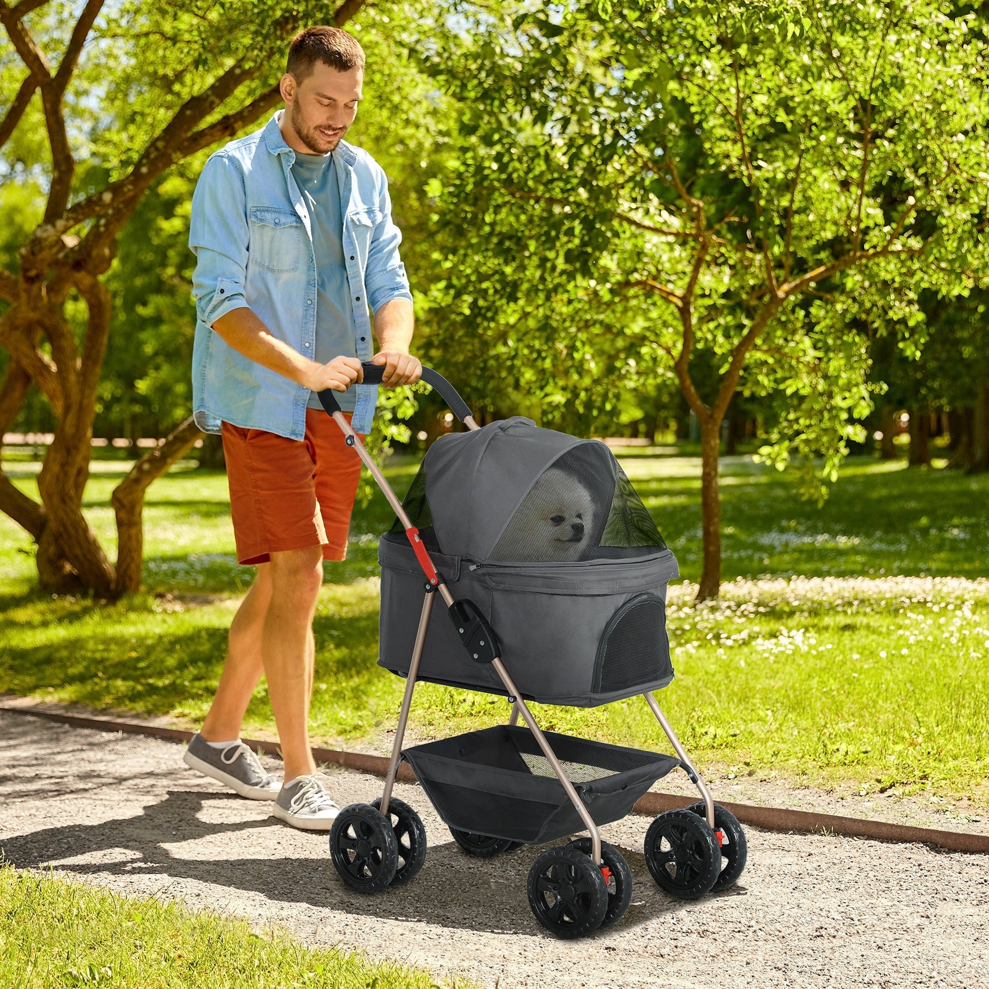 JMT-970634 3-in-1 Folding Pet Stroller with Detachable Carrier for Mini Dogs, Storage Basket and Cupholder, Gray