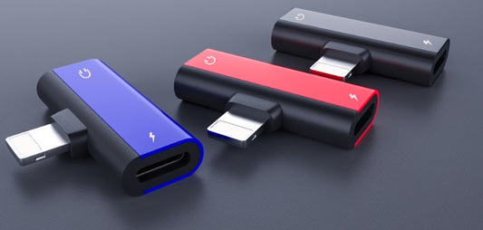 JMT-971466 Dual Lightning Audio Adapter for iPhone Models - Aluminum Alloy, Red/Blue/Black, 2.1A Charging, 2.9cm Length
