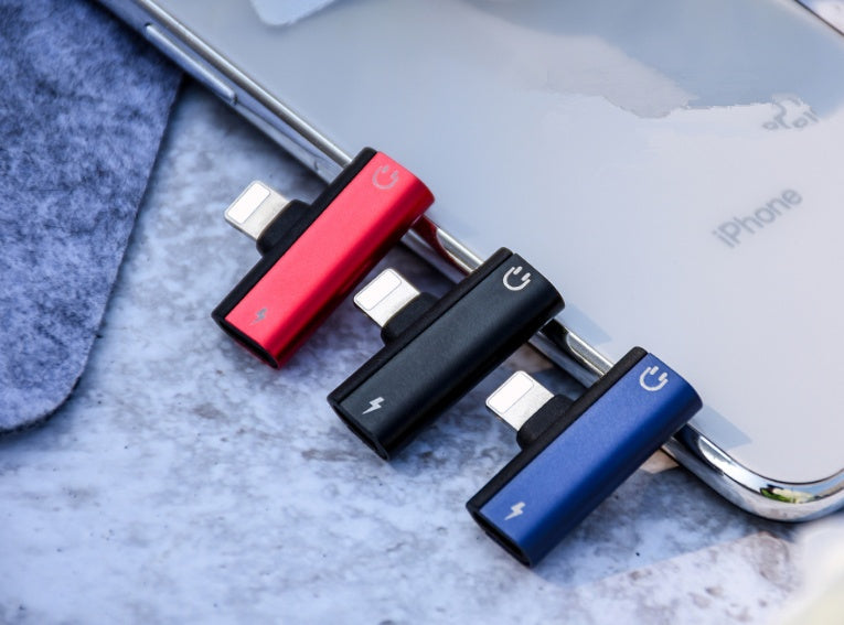 JMT-971466 Dual Lightning Audio Adapter for iPhone Models - Aluminum Alloy, Red/Blue/Black, 2.1A Charging, 2.9cm Length