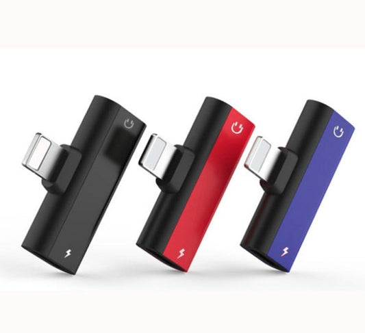 JMT-971466 Dual Lightning Audio Adapter for iPhone Models - Aluminum Alloy, Red/Blue/Black, 2.1A Charging, 2.9cm Length