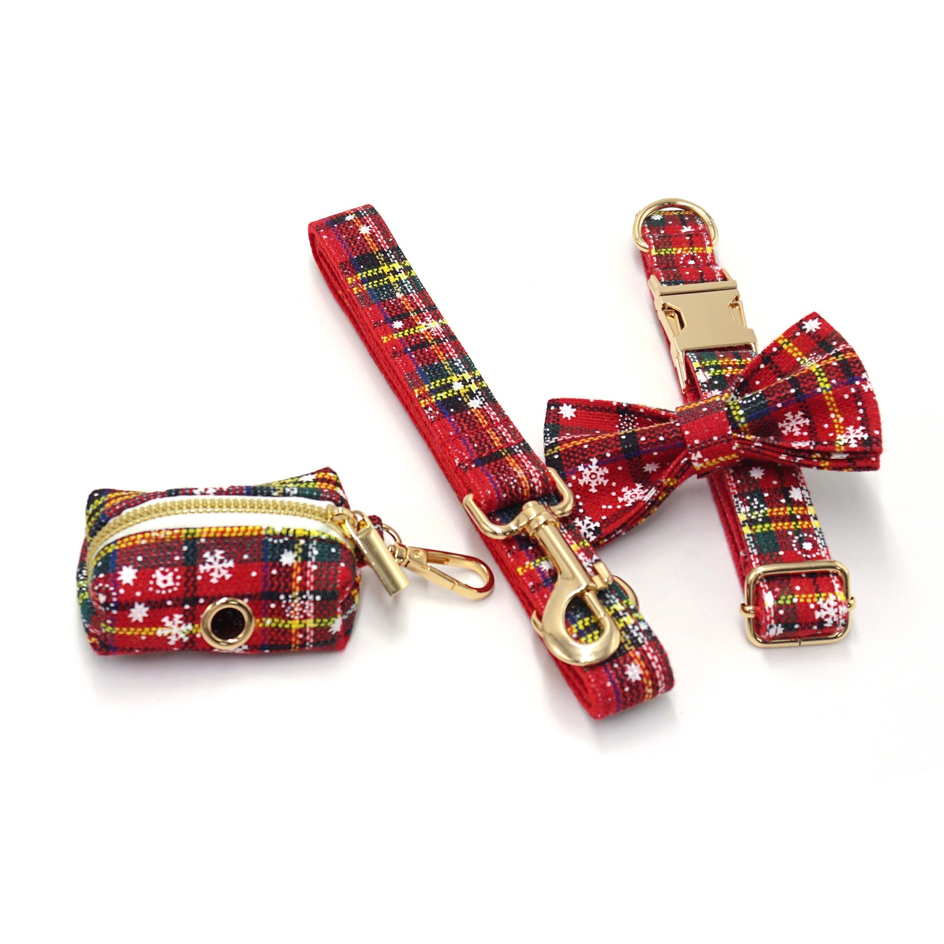 JMT-972106 Red Christmas Pet Collar and Leash Set with Bowknot and Chest Harness, Includes Waste Bag