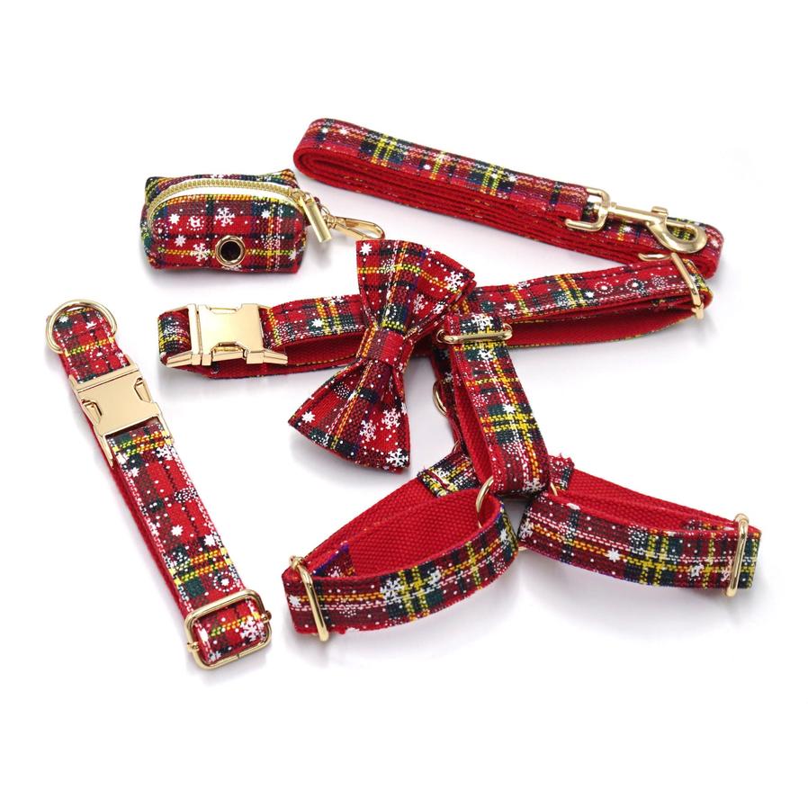 JMT-972106 Red Christmas Pet Collar and Leash Set with Bowknot and Chest Harness, Includes Waste Bag