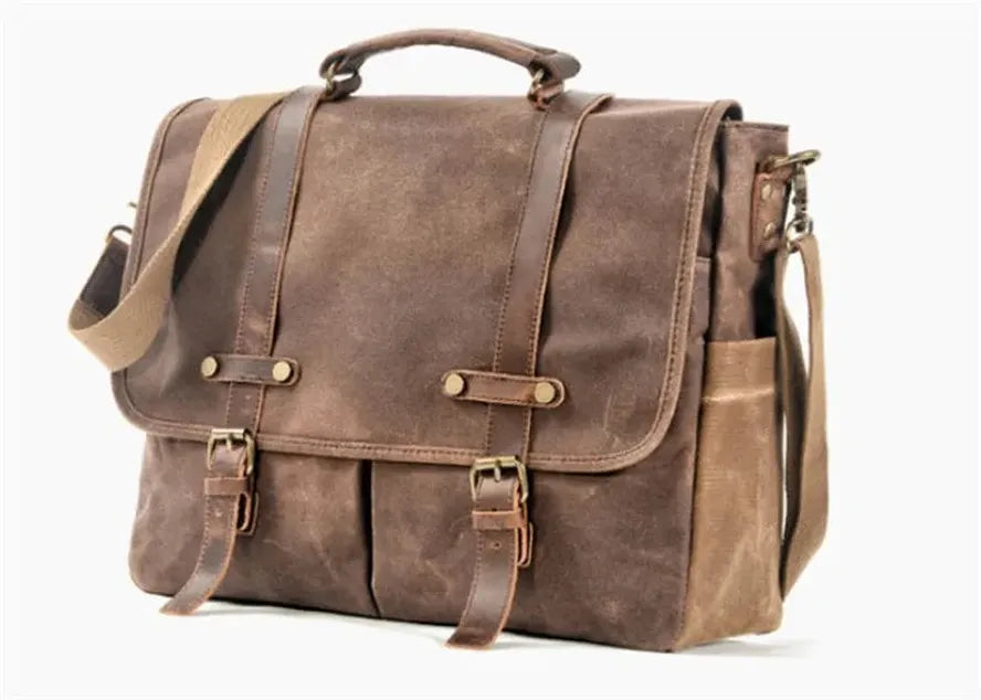 JMT-972682 Retro Waterproof Laptop Briefcase in Waxed Canvas with Cowhide Accents, Versatile Crossbody Bag