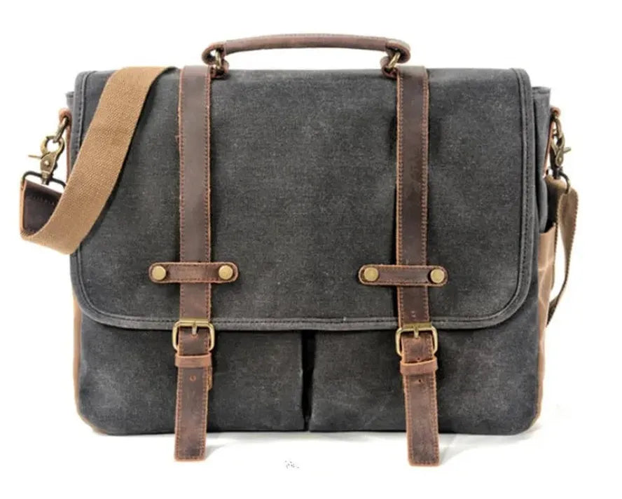 JMT-972682 Retro Waterproof Laptop Briefcase in Waxed Canvas with Cowhide Accents, Versatile Crossbody Bag