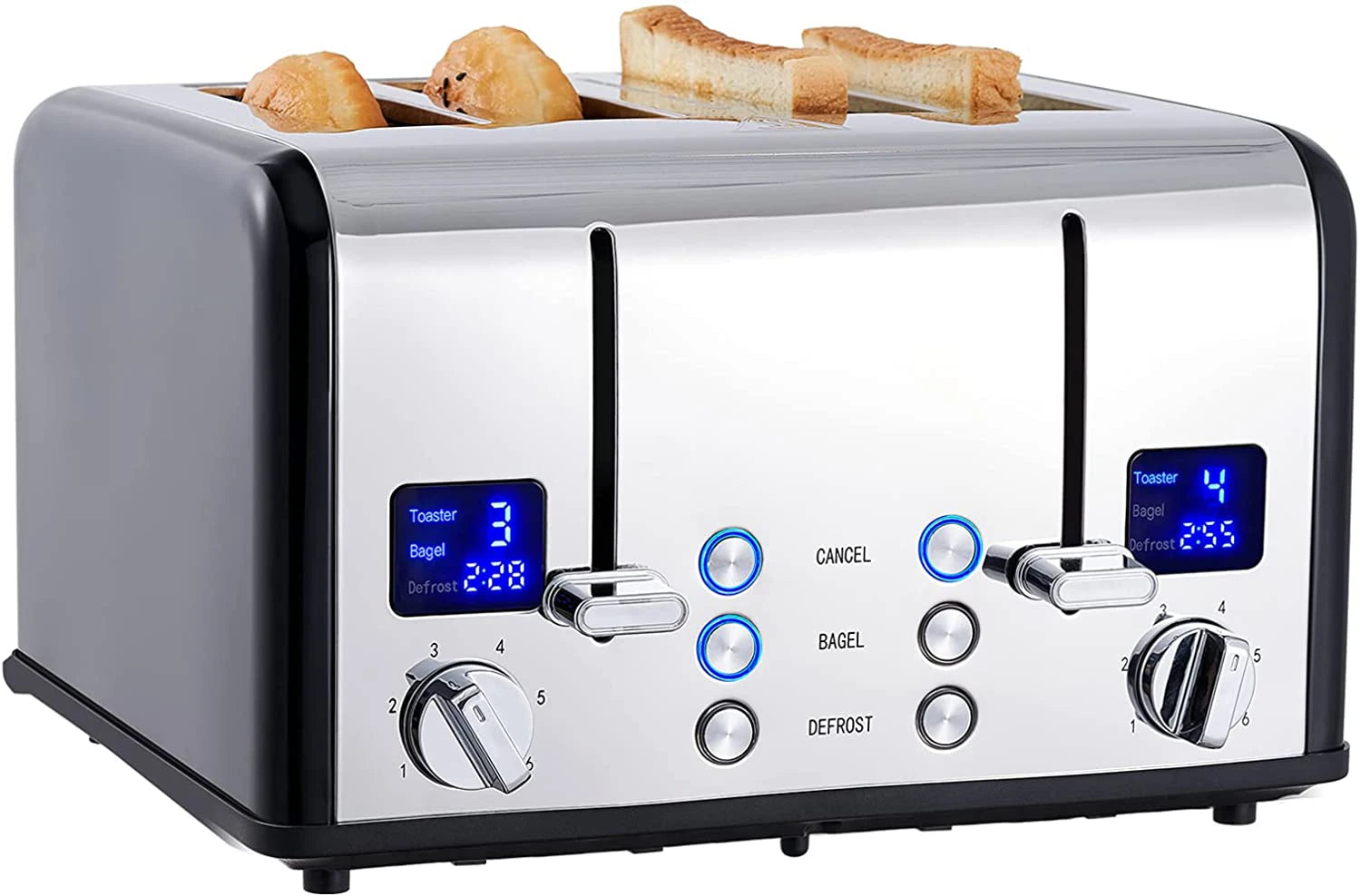 JMT-972874 4-Slice Electric Toaster with LED Display and Stainless Steel Finish for Versatile Sandwich Making