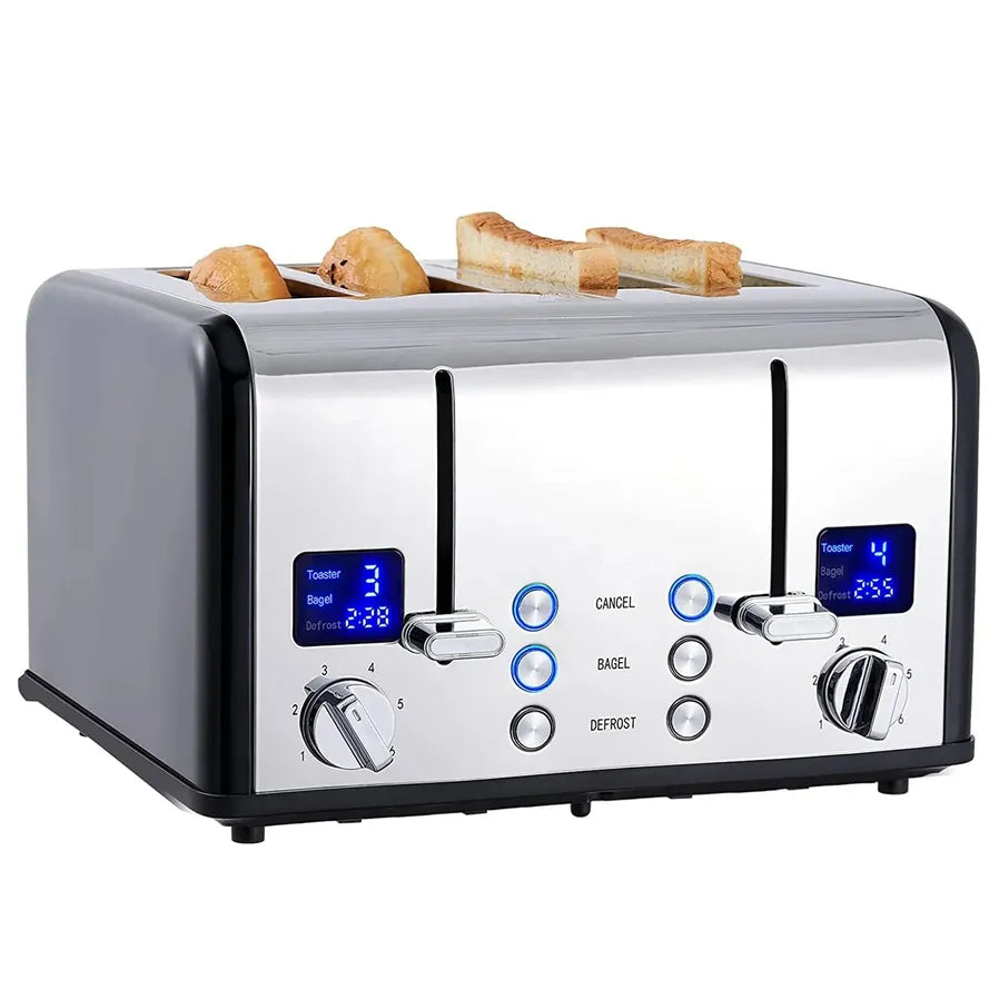 JMT-972874 4-Slice Electric Toaster with LED Display and Stainless Steel Finish for Versatile Sandwich Making
