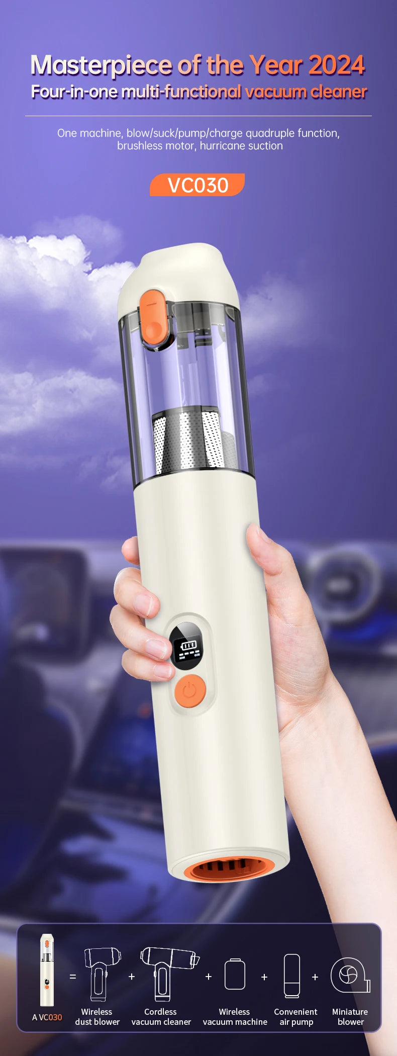 JMT-973386 Wireless 4-in-1 Handheld Vacuum Cleaner with Strong Suction for Home and Car Use