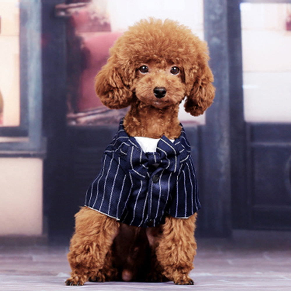 JMT-973706 Stylish Thin Black Imitation Silk Suit Dress for Small Dogs in Striped Design