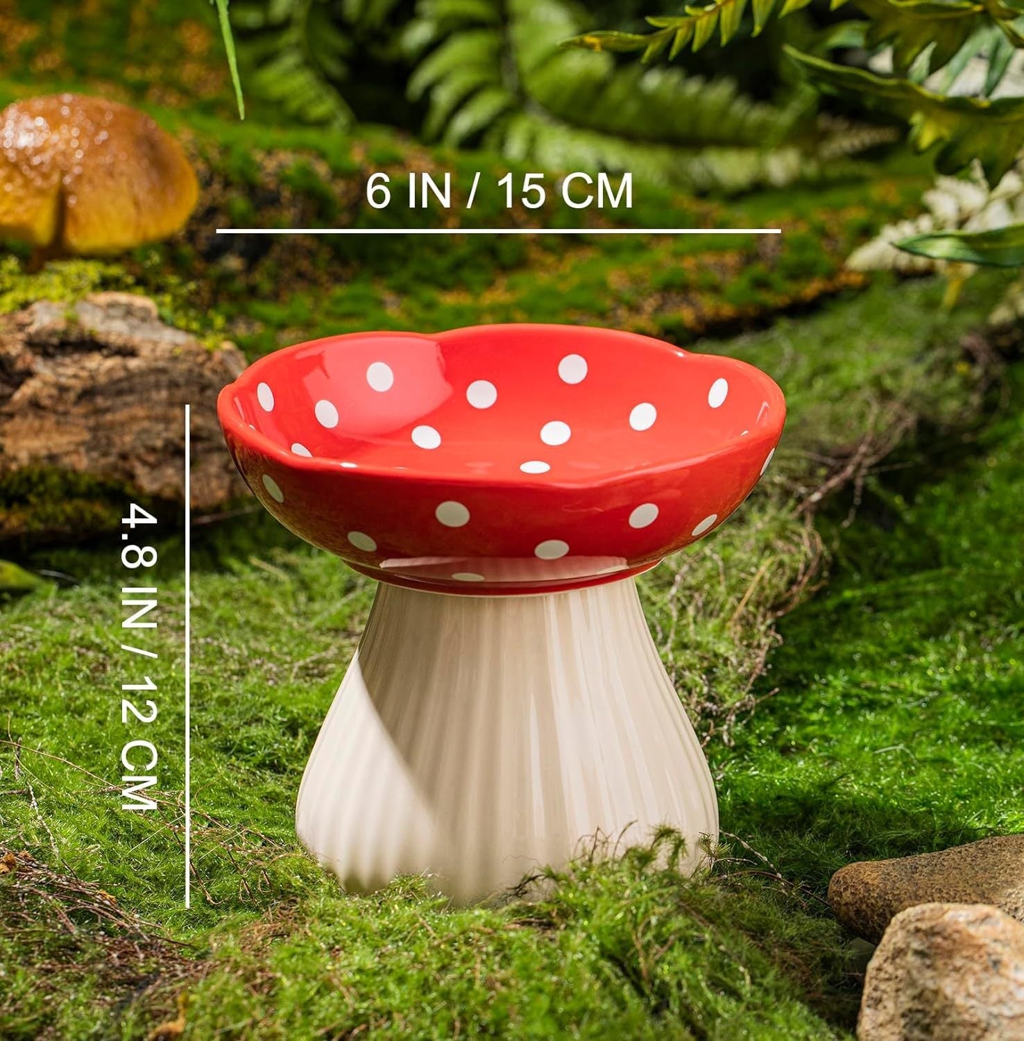 JMT-975050 Mushroom Design Ceramic Cat Bowl for Small Pets in Polka Dot Style