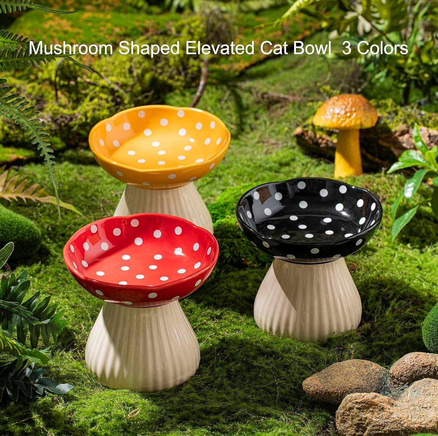 JMT-975050 Mushroom Design Ceramic Cat Bowl for Small Pets in Polka Dot Style