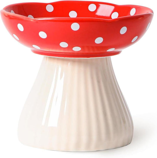 JMT-975050 Mushroom Design Ceramic Cat Bowl for Small Pets in Polka Dot Style