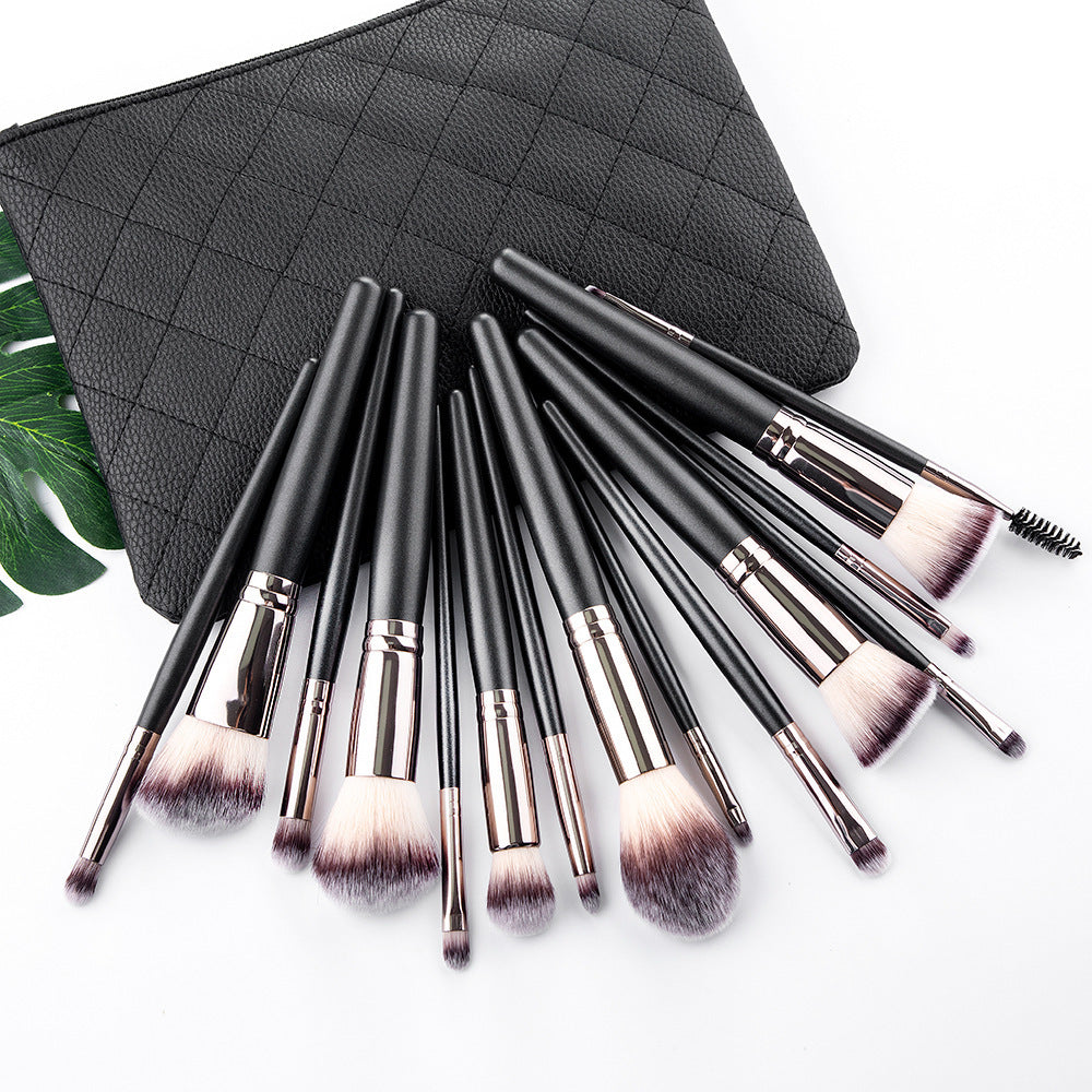 JMT-975818 15-Piece Matte Black Makeup Brush Set with Cosmetic Bag, Nylon Wool and Wooden Handle