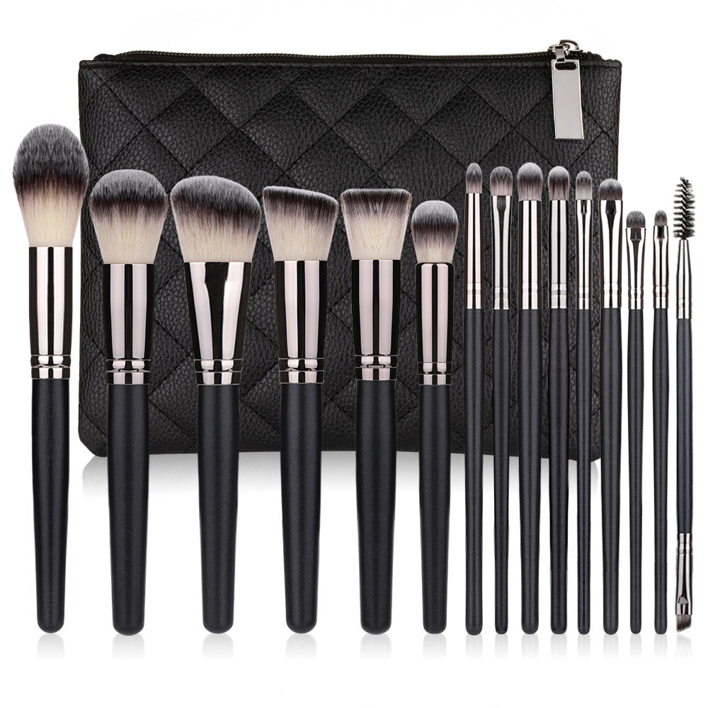JMT-975818 15-Piece Matte Black Makeup Brush Set with Cosmetic Bag, Nylon Wool and Wooden Handle