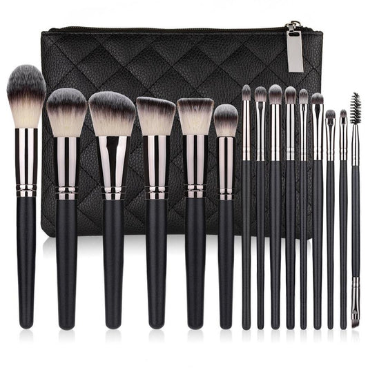 JMT-975818 15-Piece Matte Black Makeup Brush Set with Cosmetic Bag, Nylon Wool and Wooden Handle