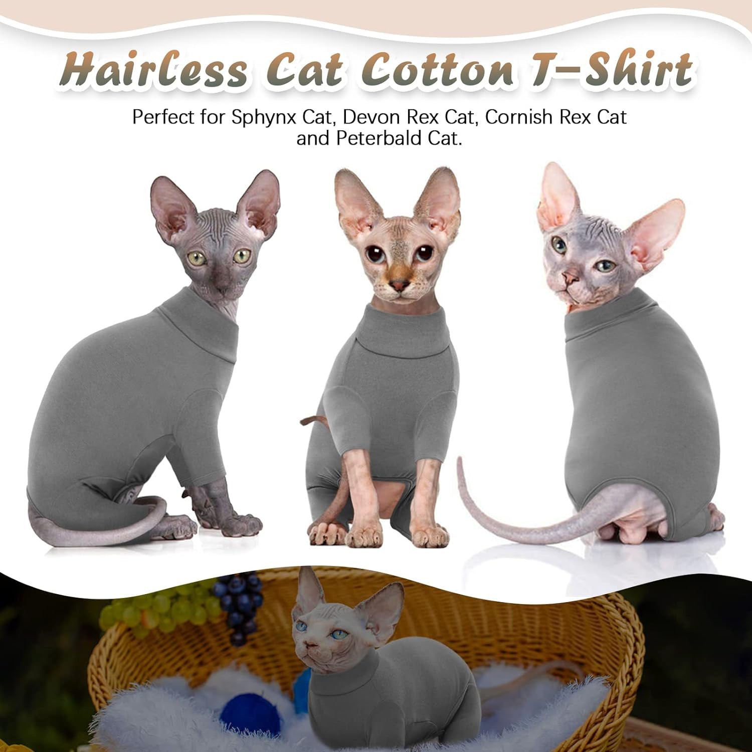 JMT-976202 Soft Turtleneck Sweater for Hairless Cats – Warm Pullover Jumpsuit for Sphynx, Devon Rex, and Cornish Rex Pets