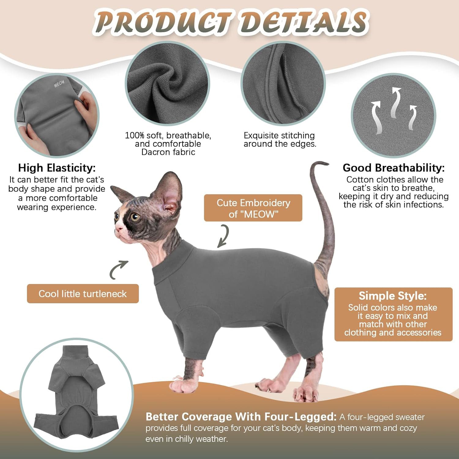 JMT-976202 Soft Turtleneck Sweater for Hairless Cats – Warm Pullover Jumpsuit for Sphynx, Devon Rex, and Cornish Rex Pets