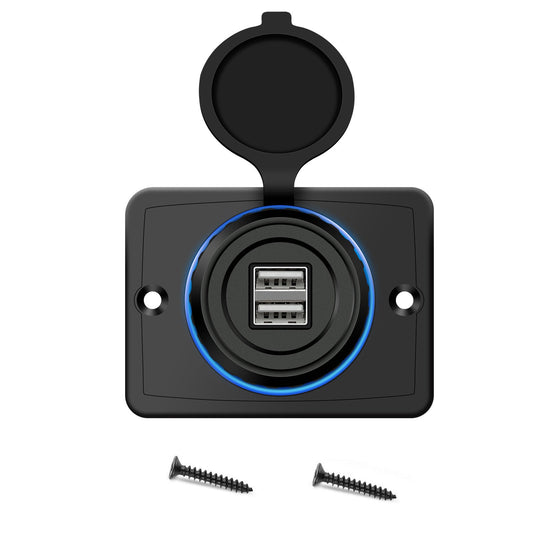JMT-976714 Dual USB Car Charger 3.1A with Blue LED Display, Fireproof PE, Compatible with Mobile Devices, Boats, ATVs, RVs, and More