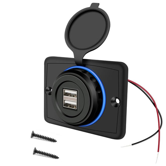 JMT-976714 Dual USB Car Charger 3.1A with Blue LED Display, Fireproof PE, Compatible with Mobile Devices, Boats, ATVs, RVs, and More