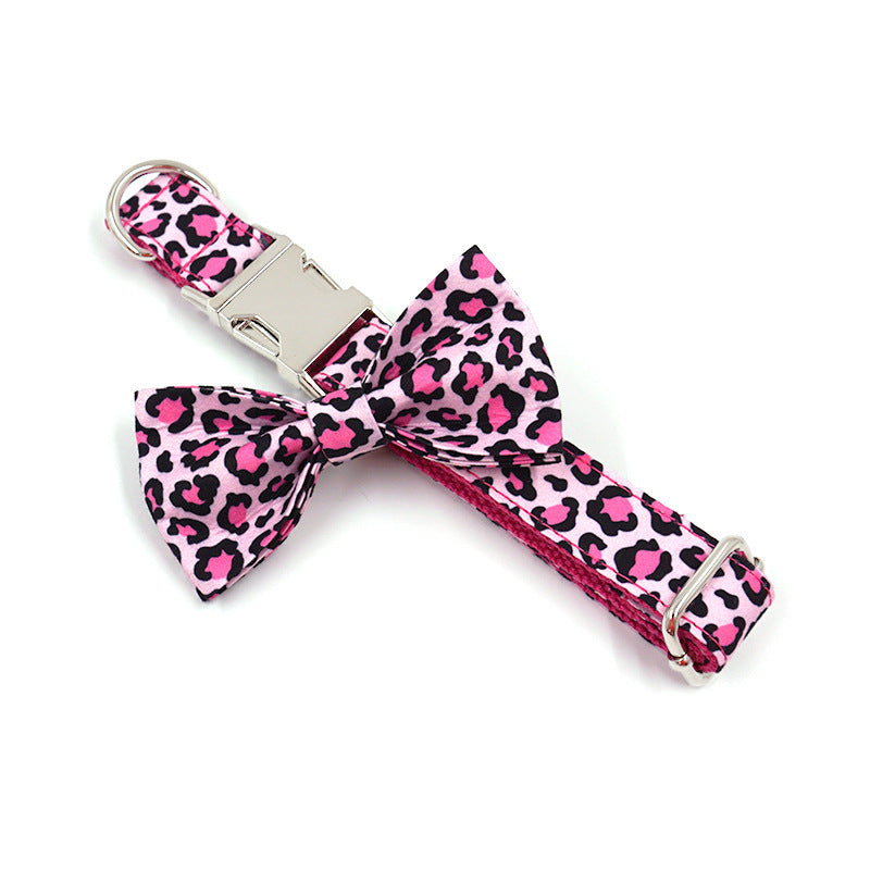JMT-978186 Pink Leopard Bowknot Double-Layer Dog Collar for Gentlemen