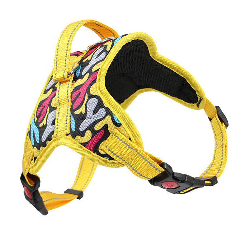 JMT-979018 Reflective Dog Harness and Leash Set - Adjustable Polyester Chest Strap with Scalable Size Options in Yellow, Blue, Gray, and Black