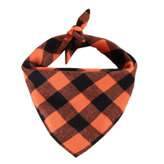 JMT-979146 Cotton Check Triangle Scarf for Pets - Winter Accessory in Purple Black, Orange Black, and Orange White