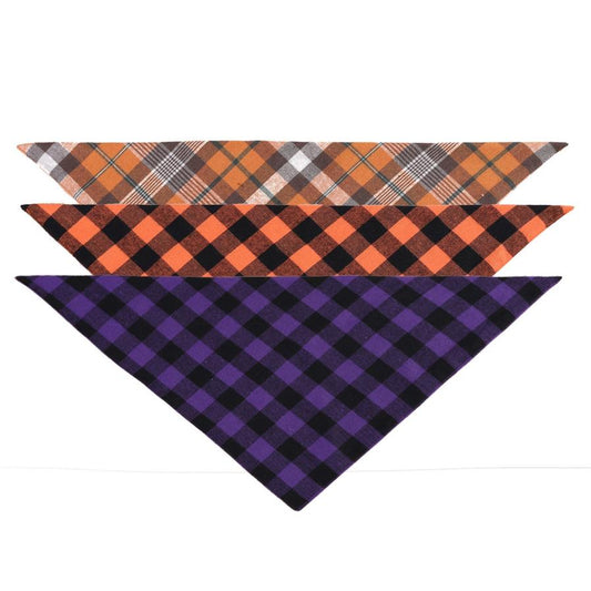 JMT-979146 Cotton Check Triangle Scarf for Pets - Winter Accessory in Purple Black, Orange Black, and Orange White