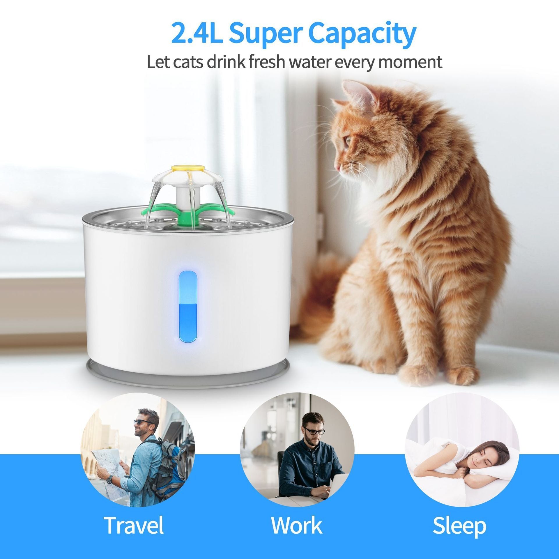 JMT-981002 Stainless Steel 2.4L Pet Water Dispenser for Cats and Dogs with USB Charging