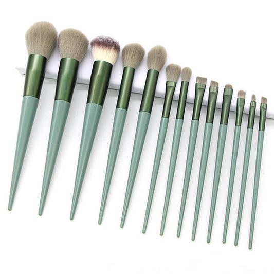 JMT-981258 13 Four Seasons Green Makeup Brush Set with Man-Made Fiber Wool and Plastic Handle