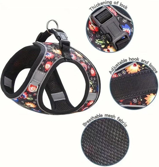 JMT-981322 Adjustable No Pull Dog Harness with Soft Mesh Padded Vest and 5ft Leash - Reflective, Comfortable, Floral Design for Small to Medium Dogs