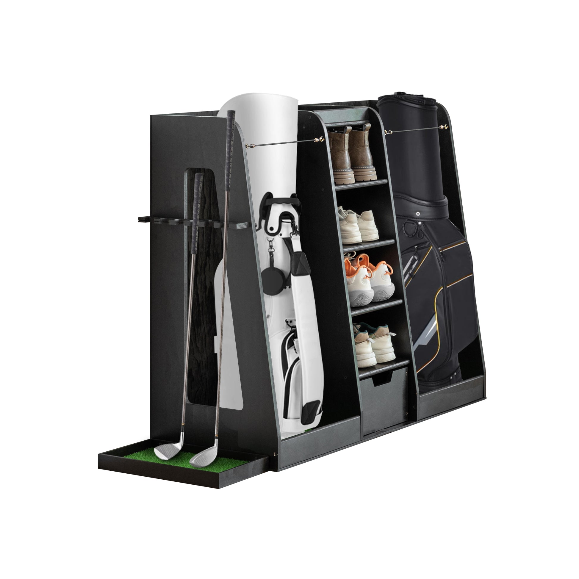 JMT-981834 Wooden Golf Bag Organizer and Storage Rack with Drawers, 2-Bag Holder, Easy Assembly, Black Finish