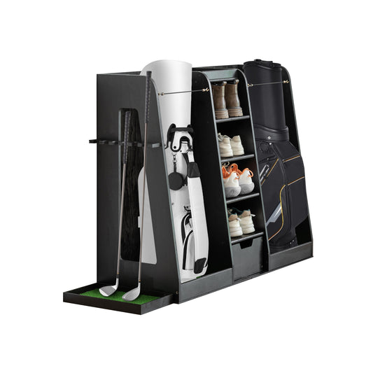 JMT-981834 Wooden Golf Bag Organizer and Storage Rack with Drawers, 2-Bag Holder, Easy Assembly, Black Finish