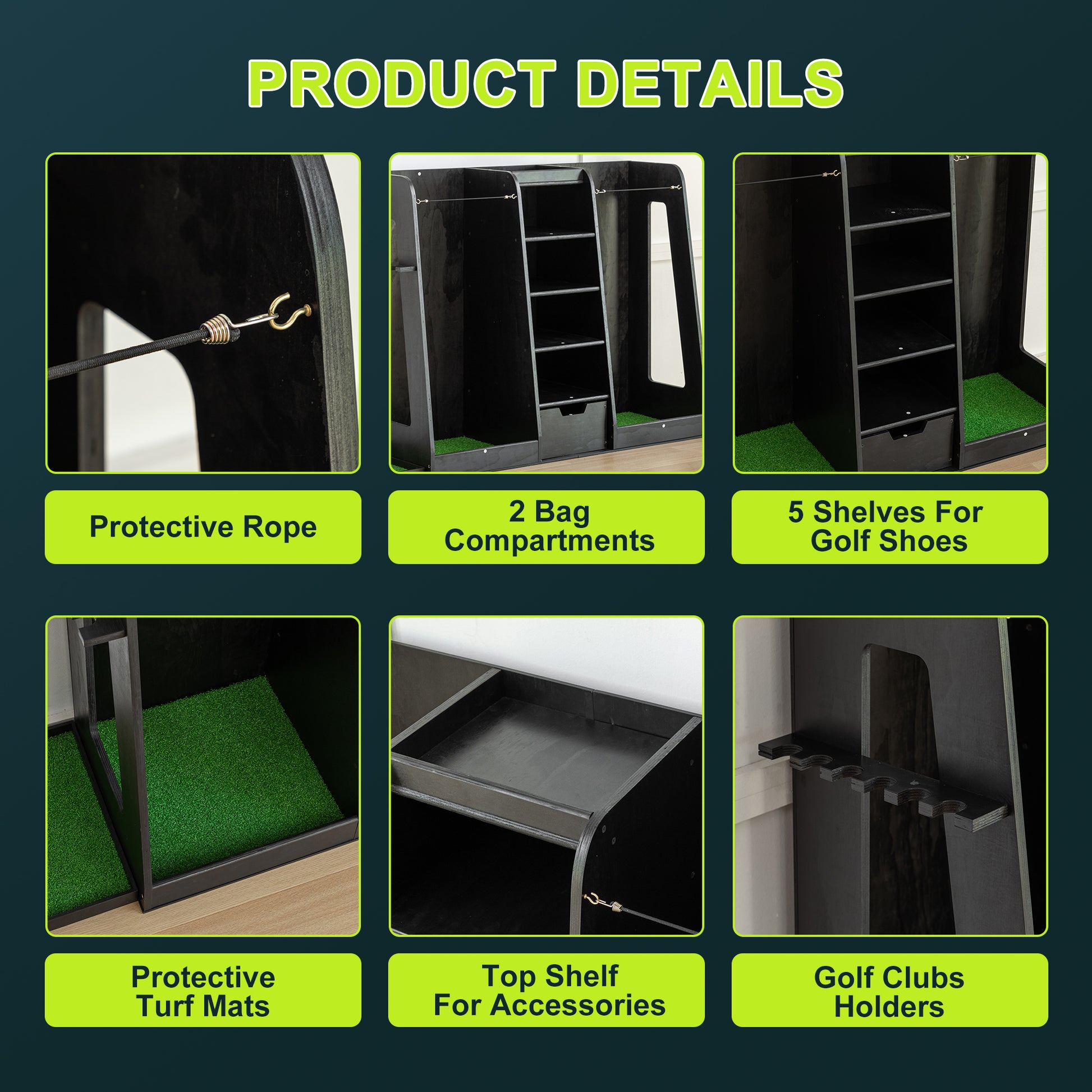 JMT-981834 Wooden Golf Bag Organizer and Storage Rack with Drawers, 2-Bag Holder, Easy Assembly, Black Finish