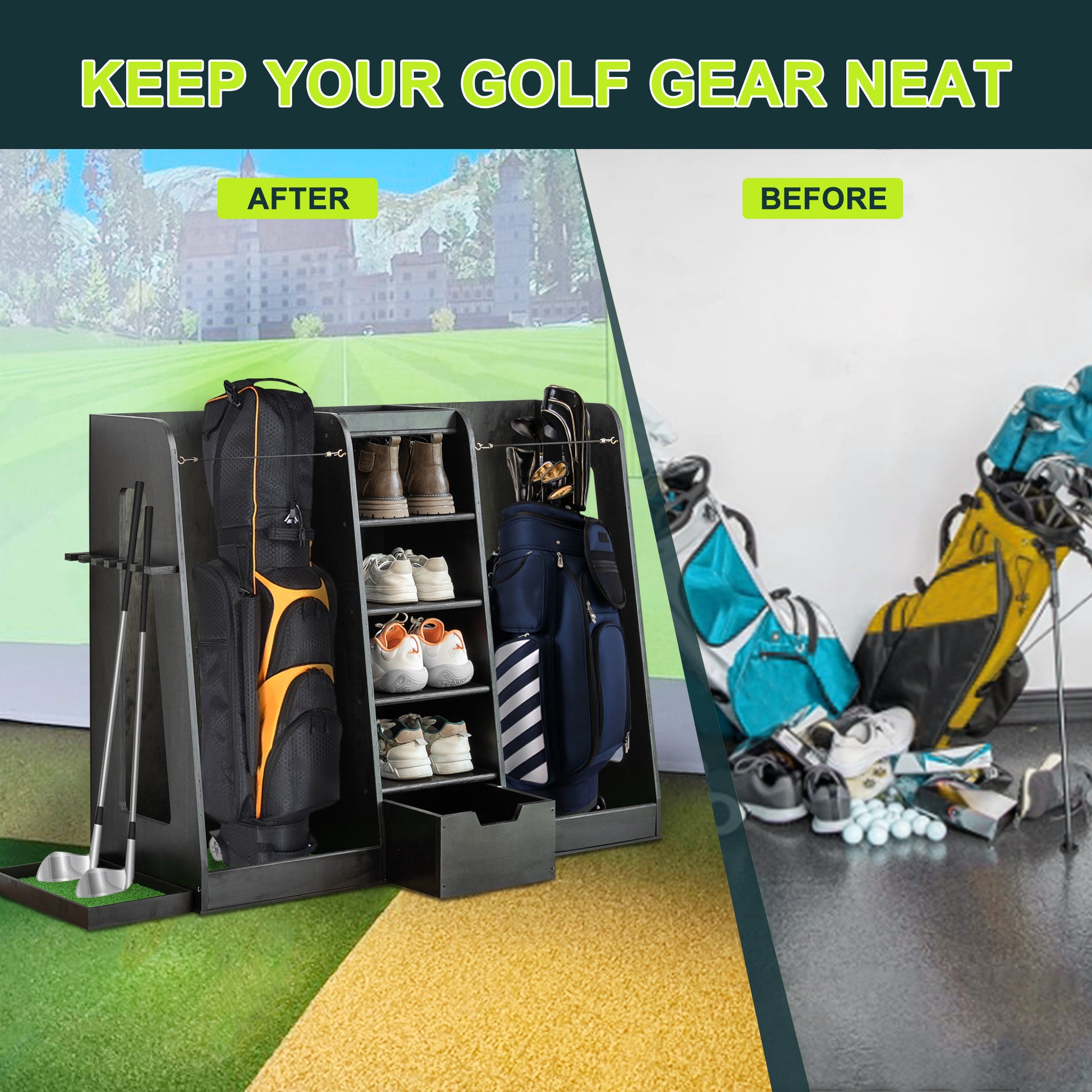 JMT-981834 Wooden Golf Bag Organizer and Storage Rack with Drawers, 2-Bag Holder, Easy Assembly, Black Finish